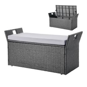 Outdoor Storage Bench, 2-Person PE Rattan Storage Bench, 40 Gal Deck Box with Cushion & Side Handle, Supports up to 400 lbs