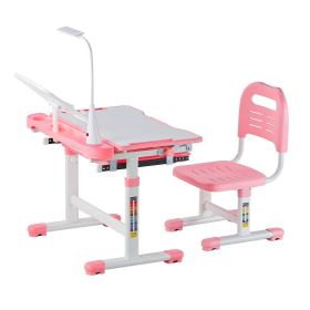 Kids Study Chair and Desk Set, Study Desk and Chair for Kids with Table Lamp, Adjustable Height & 0-40° Tilted Desktop Kids Desk and Chair