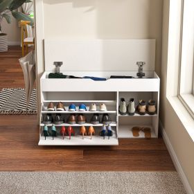 Entryway Bench with Shoe Storage,Adjustable 3-Tier Flip-Up Drawers & Hidden Cabinet,Space-Saving Shoe Organizer,Triple Storage and Modern Design