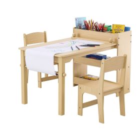 Kids Art Table and 2 Chairs, 2-in-1 Toddler Craft and Play Activity Table, Wood Toddler Table and Chair Set with A Cabinet for Art, Craft, Readin