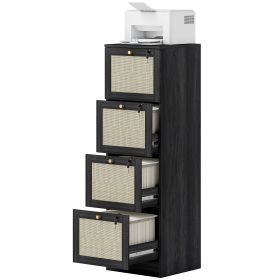4 Drawer Filing Cabinet with Lock, Boho File Cabinet for A4 Letter Size Files with Decorative Rattan Accents, Black