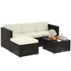 3 Pieces Patio Furniture Set with Cushions, Outdoor PE Rattan Wicker Conversation Corner Sofa Set with Glass Top Table and Adjustable Foot for Garden