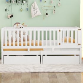 Twin Size Wood Daybed with Fence Guardrails and 2 Drawers, Split into Independent Floor Bed & Daybed (Color: White)