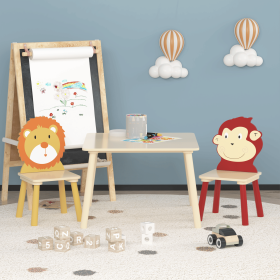 Kids Table and 2 Chairs Set, 3 Pieces Toddler Table and Chair Set, Wooden Activity Play Table Set (Pattern: Lion&Monkey, Color: Natural)